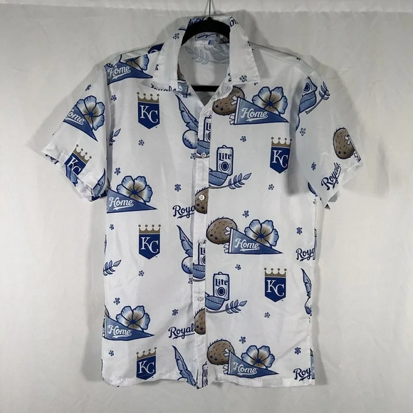 Royals Baseball Polo Shirt Men's Medium White Miller Light Button up Hawaiian - Picture 1 of 8